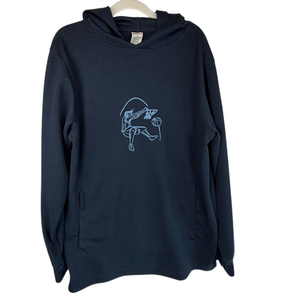 Vintage 90s Russell Athletic Youth Embroidered Basketball Hoodie Navy Sz 12 USA